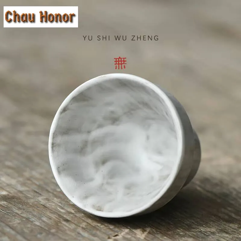 2pc/set Hand Made Powder Yin White Ceramic Teacup Japanese Coarse Pottery Creative Stripe Flower Master Cup Kung Fu Teaset 40ml