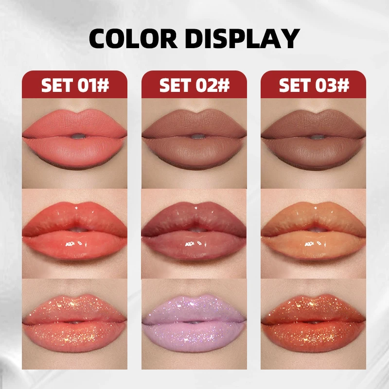 3-pack lip gloss set, waterproof, sweat resistant, durable, non stick to cup, non fading, non smudging, easy to apply
