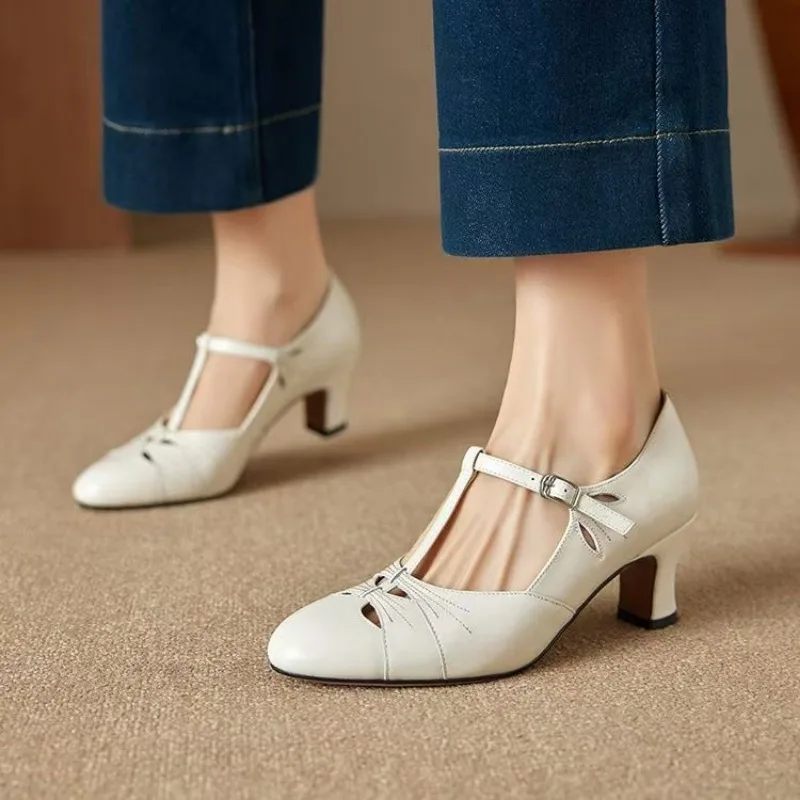 Elegant Women's Sandals Summer Shoes 2025 Genuine Leather Ankle Straps Red Nude Low Heels Flip Flops Female Party Shoe Close Toe 5
