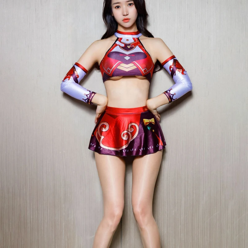 Juego Genshin Impact Yanfei, de lencería Sexy para Cosplay, cuello alto, Anime para niñas, impresa en 3D camiseta sin mangas con hombros descubiertos, Crop con faldas -