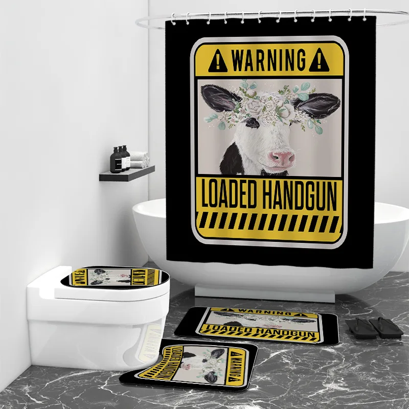 

Warning Loaded Handgun 3D Printed Bathroom Set Together Shower Curtain Rug Set Bathroom Mats Rugs Toilet Decor Mat 01