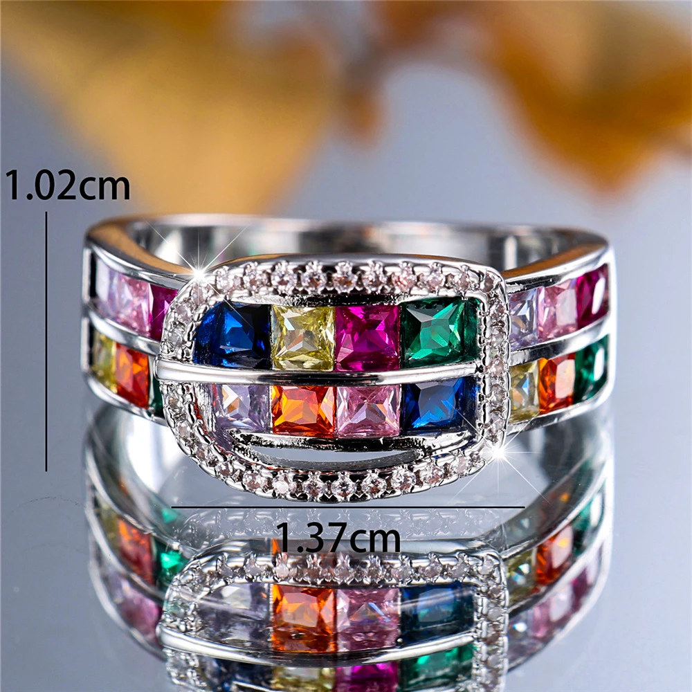 Luxury Female Small Rainbow Zircon Stone Finger Ring Vintage Silver Color Wedding Band Bridal Jewelry For Women