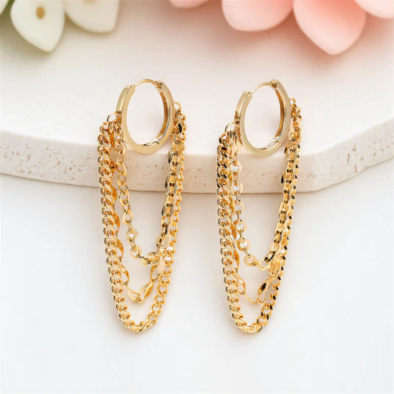 Hip Hop Punk Long Tassel Metal Chains Hoop Earrings For Women Men Vintage Black Rose Gold Silver Color Earring Jewelry Accessory