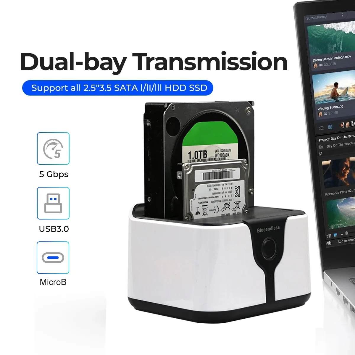 Dual Bay HDD Docking Station SATA to USB 3.0 HDD Clone Docking Station for 2.5/3