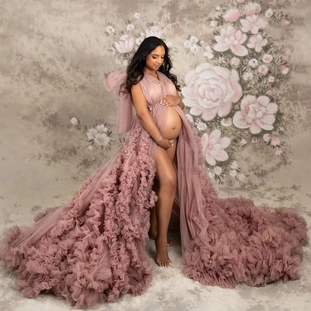 Pink Maternity Robes for Photoshoot Off Shoulder Tulle Tiered Ruffles A  Line Pregnant Women Gowns Front Split Maternity Dresses - AliExpress