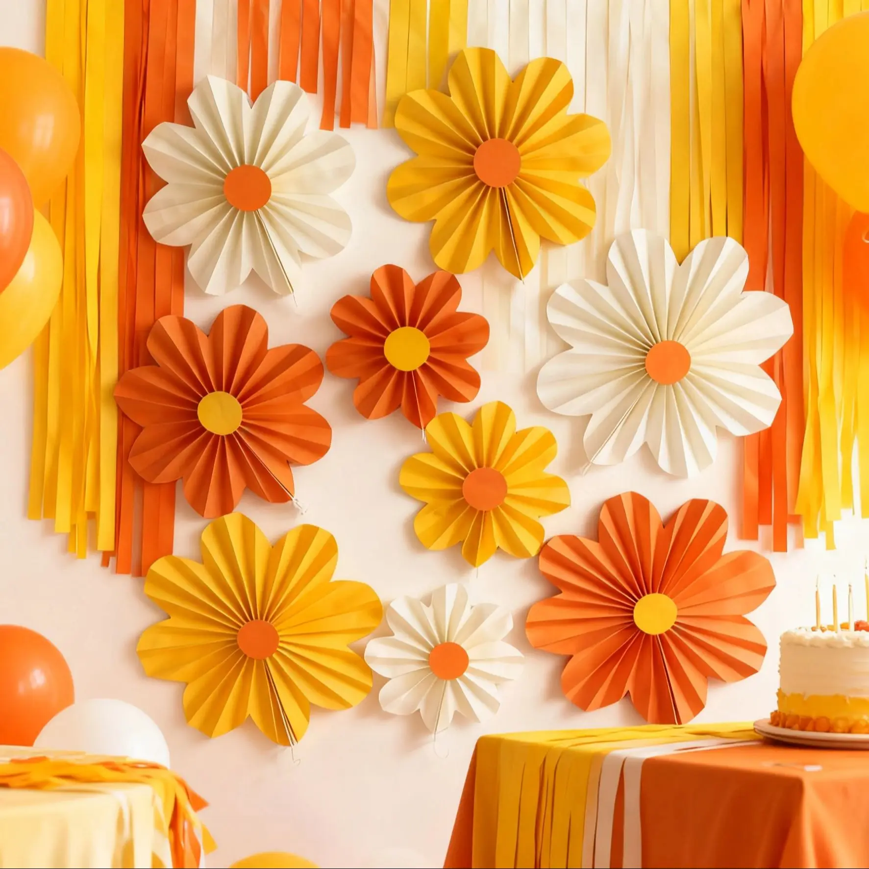 9 TEILE/SATZ Orange Gelb Elfenbein Papier Fans Party Dekorationen Papier Blumen Dekorationen für Wand Floral Hintergrund Klassenzimmer Dusche