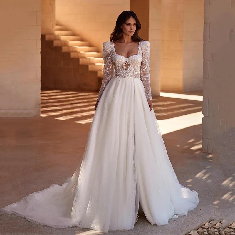 

BOHO Simple Wedding Dresses For Women 2024 Sweetheart Backless Sexy Bridal Gowns Tulle Long Sleeve Robe A-Line Vestidos De Novia