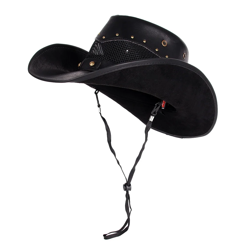 Color : Khkai, Size : 58-59cm MXL Mens Leather Cowboy Hat Summer with Mesh Dad Godfather Hats 58-59CM