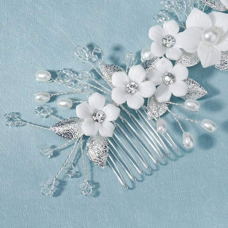 Floralbride Handmade Crystal Rhinestones Pearls Ceramic Flower Bridal Hair Comb Wedding Headpiece Hair Accessories Women Jewelry
