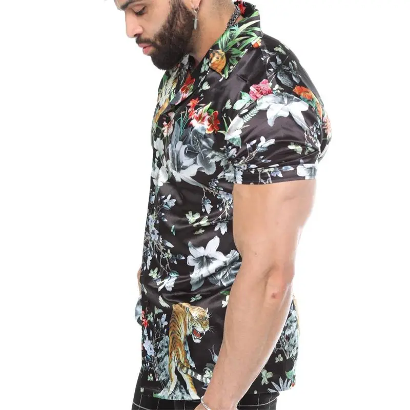 High quality street clothing casual men's short sleeved shirt party fashion men's shirt printed lapel men's shirt