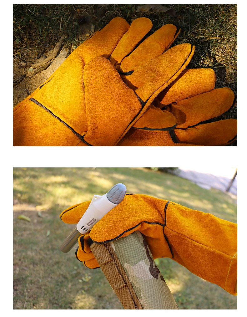 BBQ Anti-scald Gloves Cowhide High Temperature Resistant Heat Insulation Long Oven Gloves for Outdoor Camping Protective BBQ