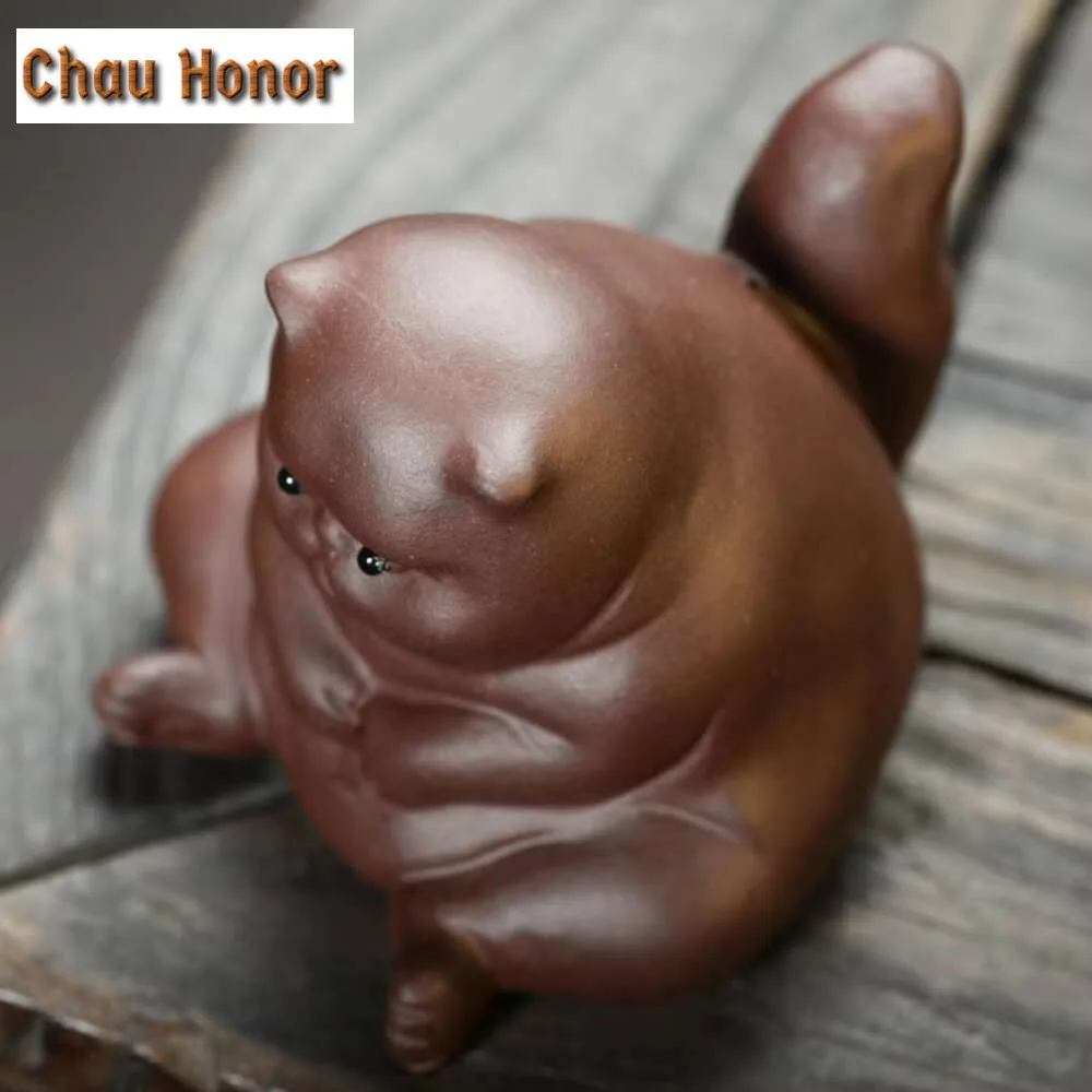 Yixing Purple Clay Tea Pet Lovely Fat Cat  Statue Ornaments Tea Figurine Desktop Crafts Chinese Raw Ore Zisha Tea Set Decoration