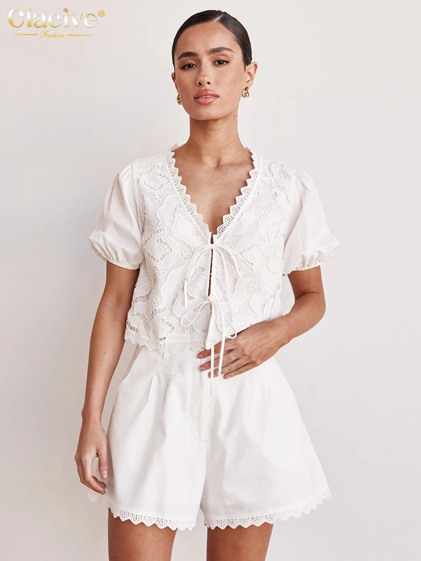 Clacive Sexy Loose White Cotton 2 Piece Sets Women Outfit 2025 Summer Short Sleeve Shirt With High Waist Shorts Set Streetwear