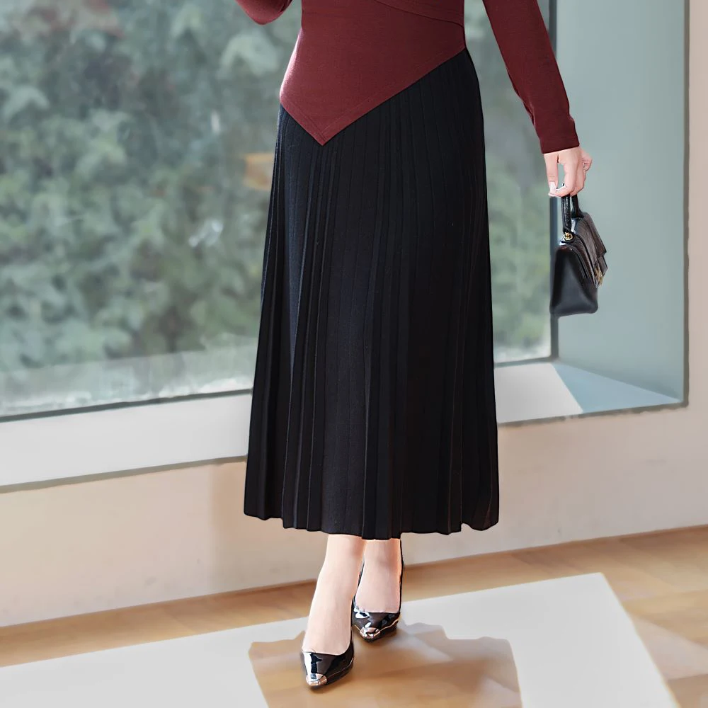 Plus Size Women's Pleated Skirt Premium Commuter Jacquard Solid Color High Waist Skirt A-Line Knitted Autumn Winter 2025