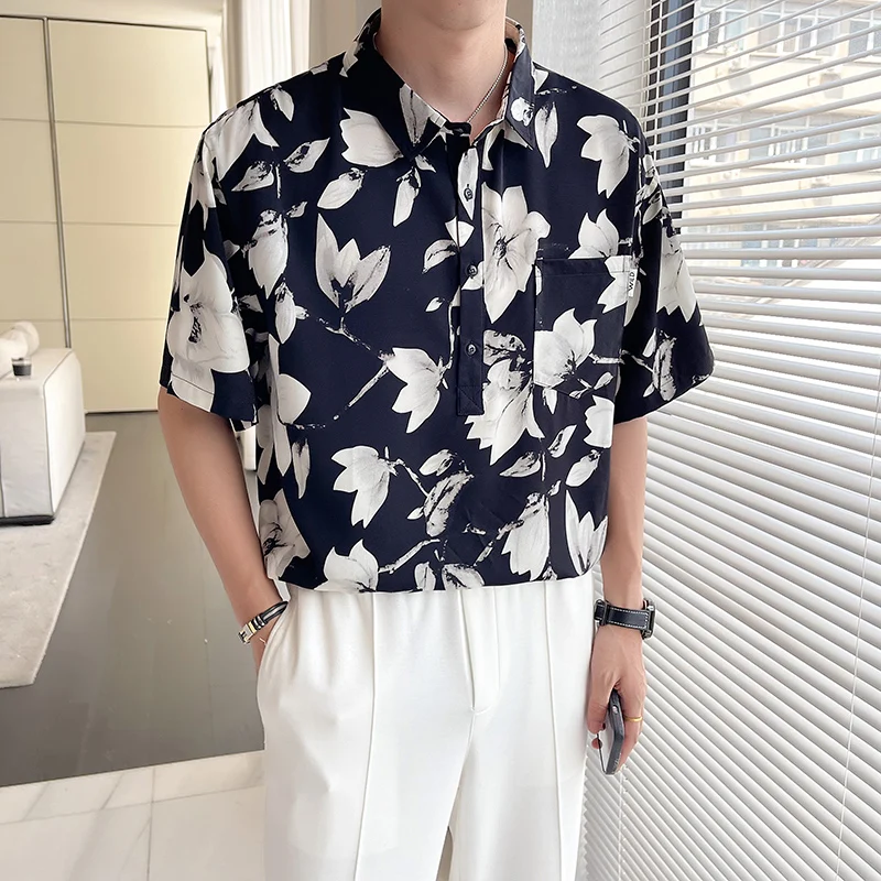 

Rose Print Chiffon Shirts for Men 2023 Summer Short Sleeve Thin Loose Casual Shirt Social Party Streetwear Fashion Men Clothing