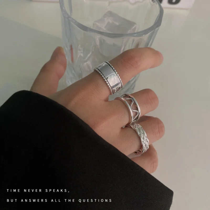 

European and American Style Retro Three-Piece Twist Woven Hollow Geometric Open Ring Personality Hip Hop Internet Celebrity