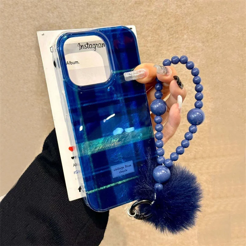 Whirlpool Klein Blue Grid Phone Case with Plush Ball Chain Accessory