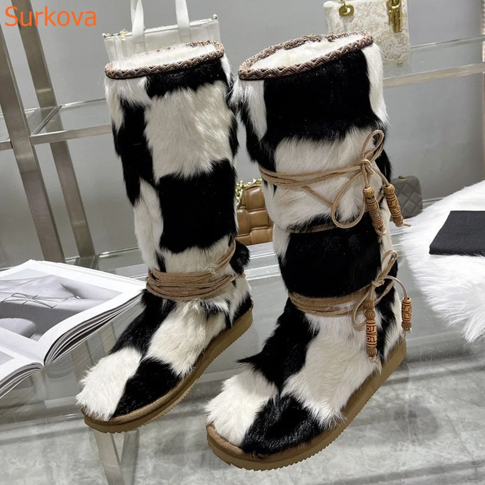 

Round Toe Narrow Band Women Boots Long Boots Flat Sole Mixed Color Fashion Comfortable Women Shoes 2023 Winter New Arrivals
