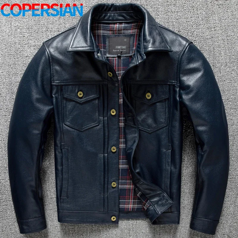

2024 Men's Leather Denim Jacket Fashion Slim Calfskin Cropped Plus Size Blue Free Shipping!