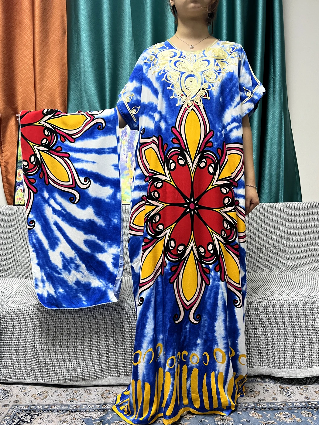 Abayas For Women 2023 Dubai Cotton V-neck Loose Fit Femme Robe African Traditional Dresses With Headscarf LT172