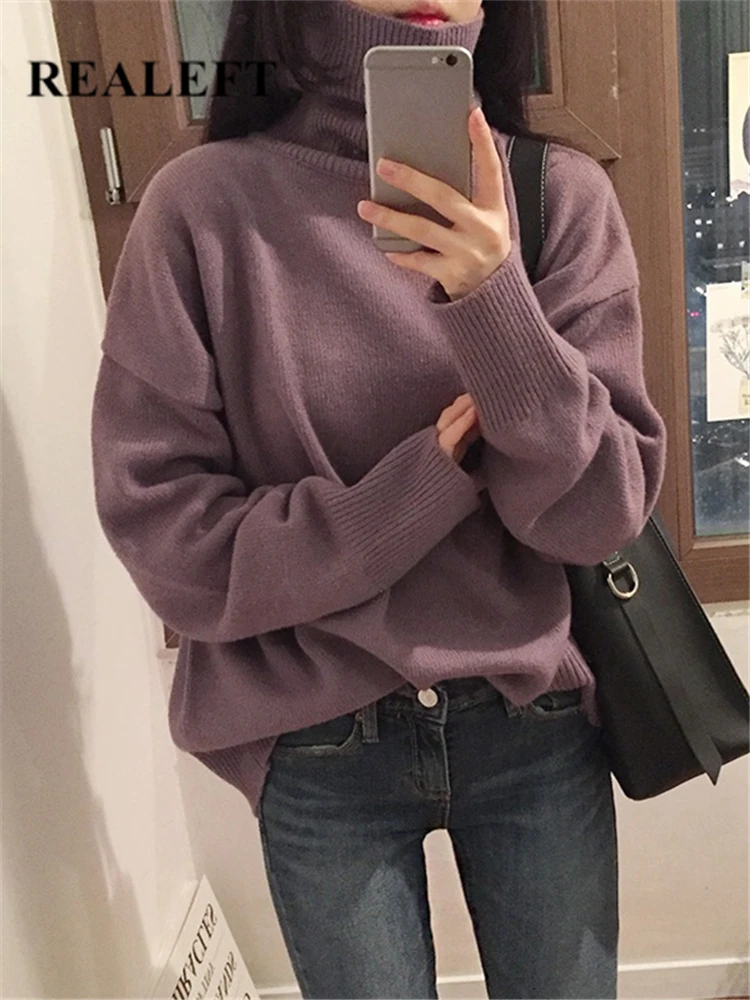 

REALEFT Autumn Winter Oversize Women's Turtleneck Sweater 2023 New Casual Loose Long Sleeve Sweaters Knitted Pullover Female