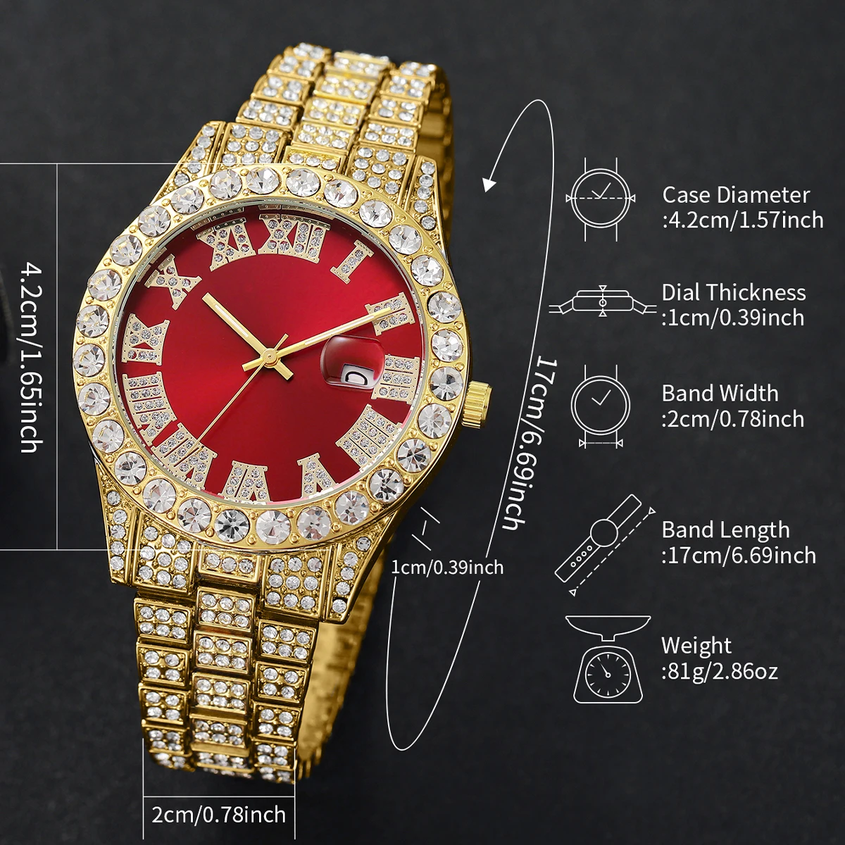 2PCs/Set Fashion Men's Watch Hip Hop Diamond Set Steel Strip Quartz Watch with Luxury Bracelet Set