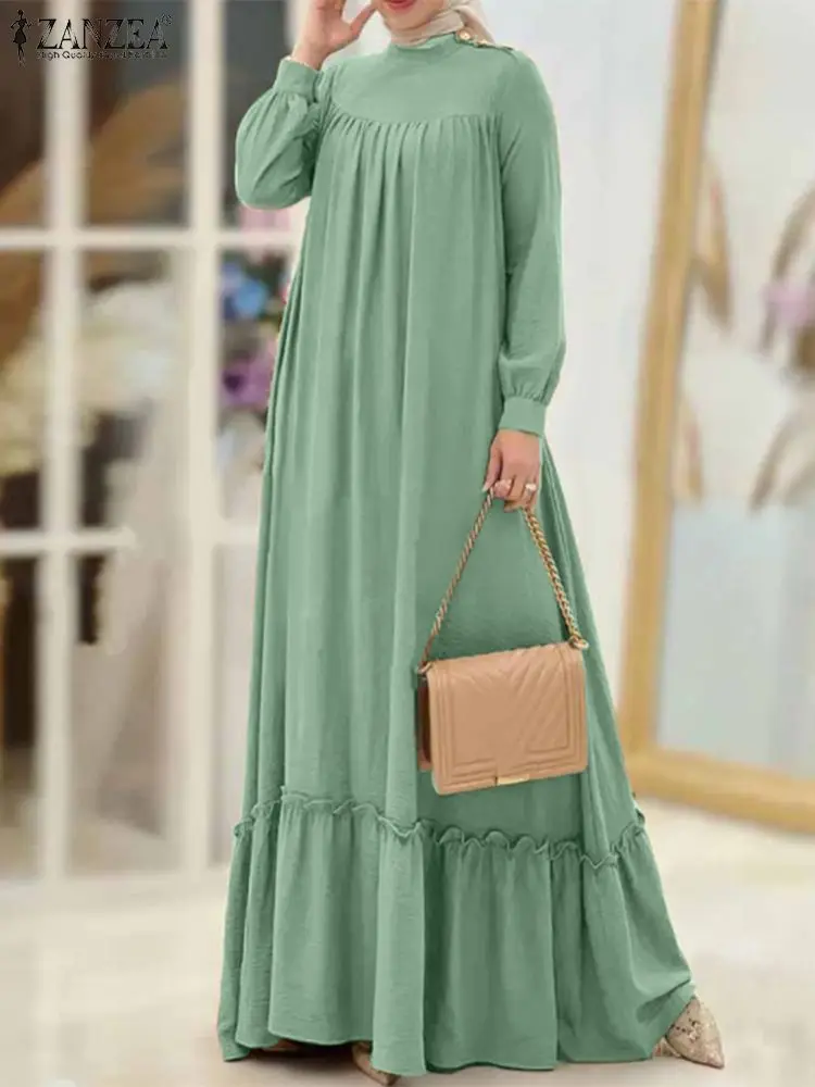 

ZANZEA Fashion Turkey Hijab Muslim Dress Woman Long Sleeve Solid Color Sundress Casual Ruffles Hem Maxi Dresses Oversized 2023