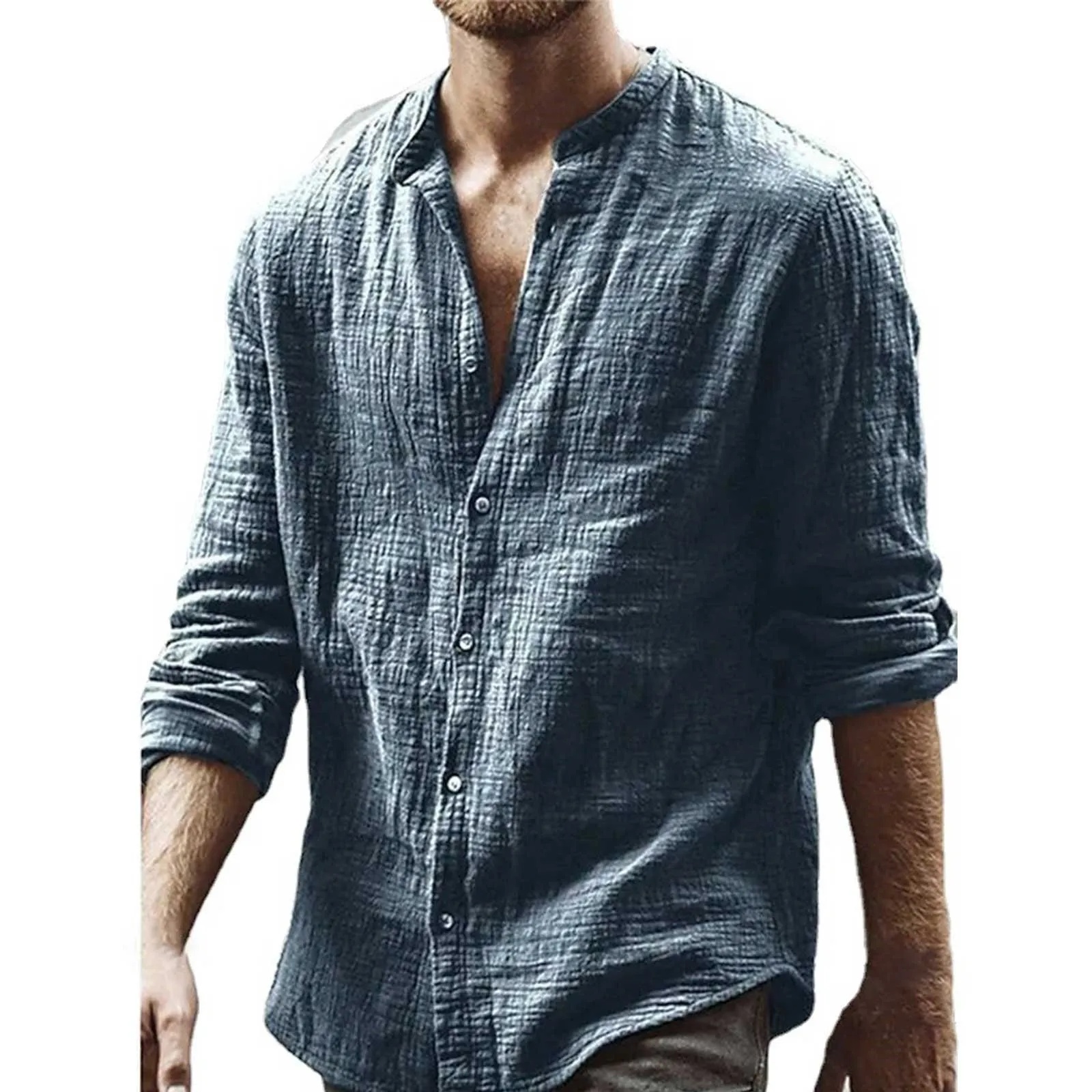 

Рубашка мужская с воротником-стойкой, Повседневная блузка из хлопка и льна, Свободный кардиган с длинными рукавами, удобная дышащая пляжная сорочка, однотонный цвет