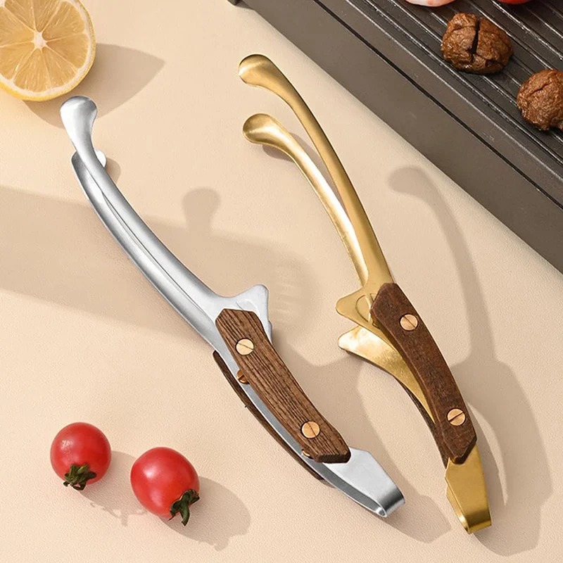 Food Tong Heat Insulated Anti-Scalding Grill Meat Clip Easy To Clean Wooden Handle Stainless Steel Tea Clamp BBQ Tool