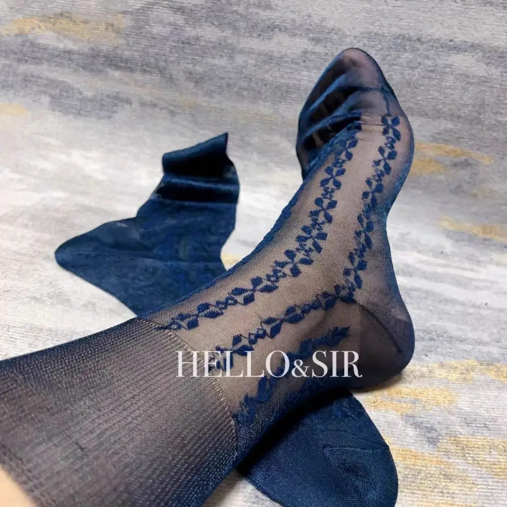Men's Exotic Retro Jacquard Sheer Dress Socks in Army Green