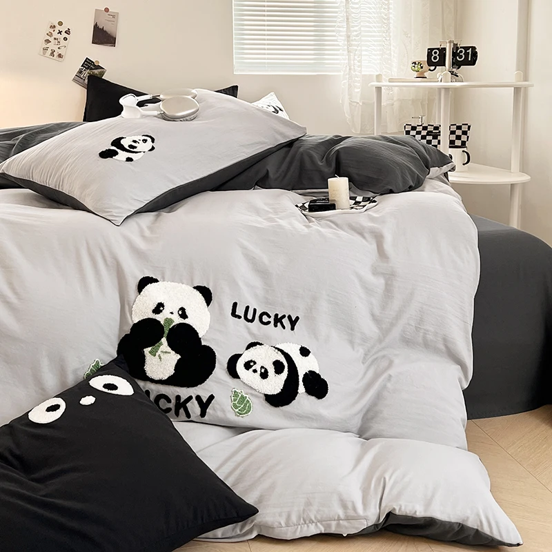 Cute Panda 100% Cotton Bedding Set Kawaii Embroidered Duvet Cover Bed Sheets Set Flat/Fitted Sheet Bed Linen Pillowcase for Kids 3