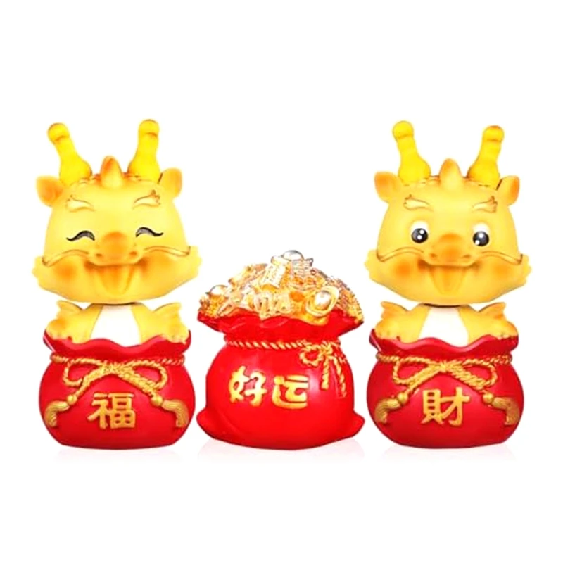 

3Pcs Shaking Head Dragon Figures Set Kit Chinese Zodiac Dragon Ornaments Year Of The Dragon Statues Set For Home Office