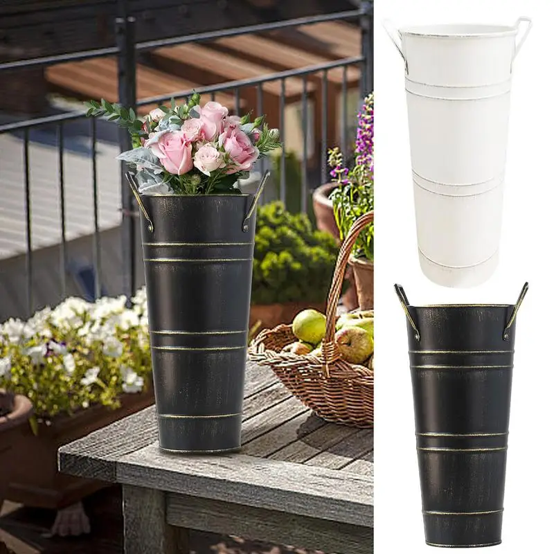 

Metal Umbrella Stand With Handle Reinforced Standalone Round Umbrella Bucket Vintage Decorative Vase Flower Bucket Storage