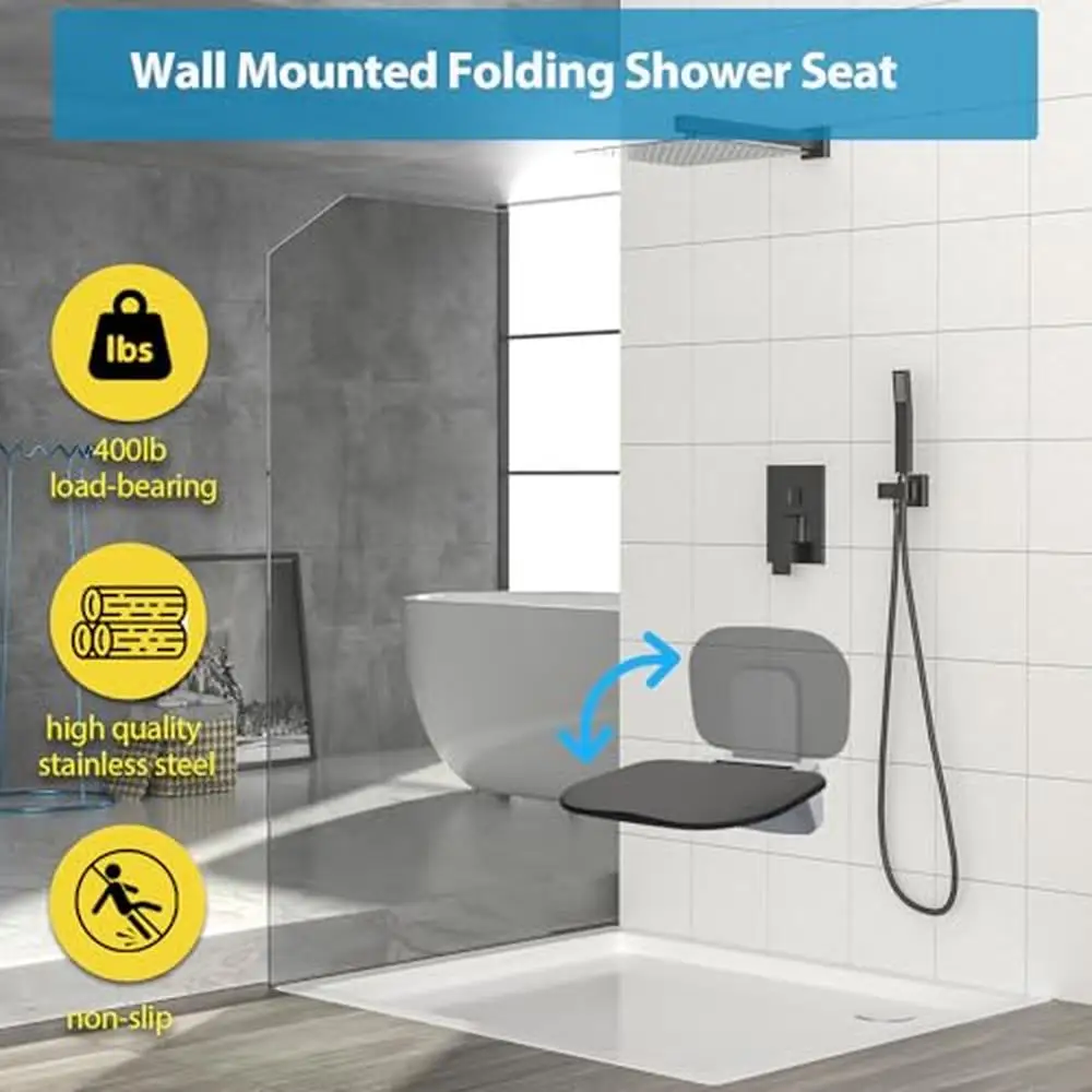 Foldable Wall Mounted Shower Chair 400lbs Capacity Space Saving Bathroom Seat 4