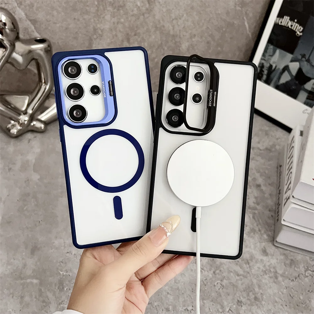 Luxuriöse Flip-Linsen-Ständer Transparente Handyhülle für Samsung S26 S24 S25 Edge S23 Ultra FE S22 Plus A56 A15 A06 für Magsafe Cover – Detail 3