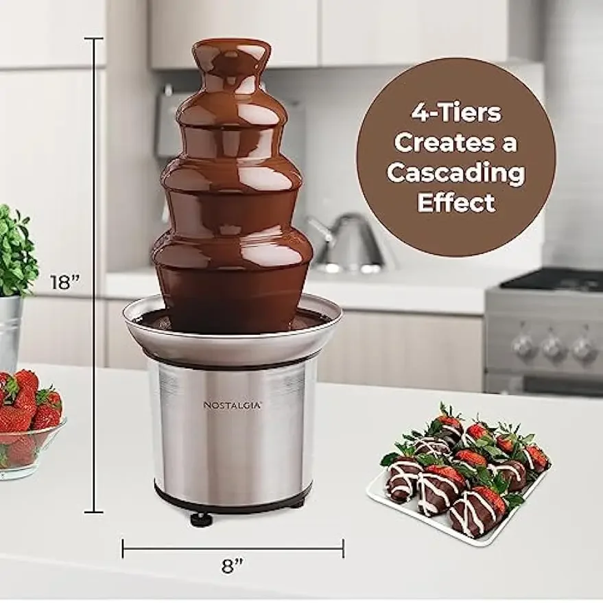 4 Tier Electric Chocolate Fondue Fountain Machine for Parties-Melts Cheese, Queso, Candy, and Liqueur-Dip Strawberries