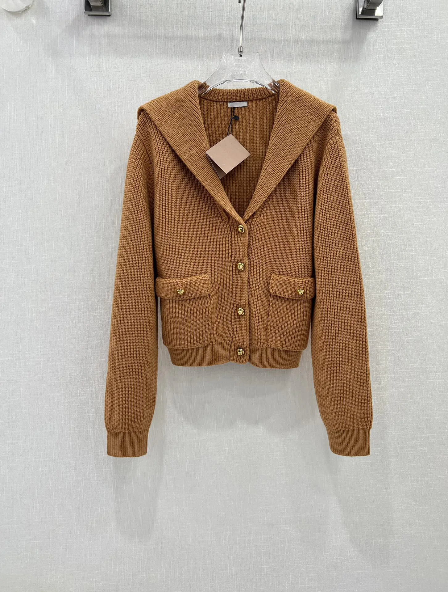 

2023 Women's Clothing navy collar pocket knitted long sleeve cardigan 1012