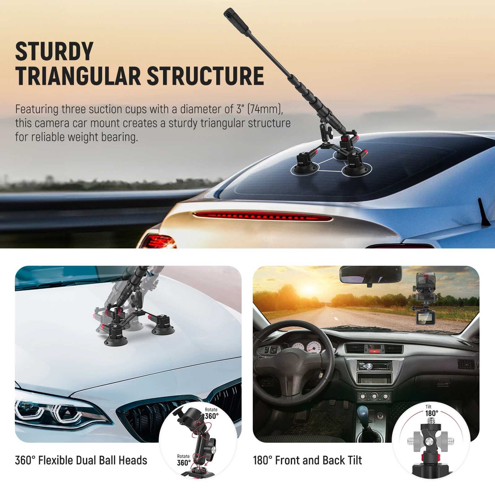 Neewer Triple Suction Cup Car Mount Kit Quick Release Outside