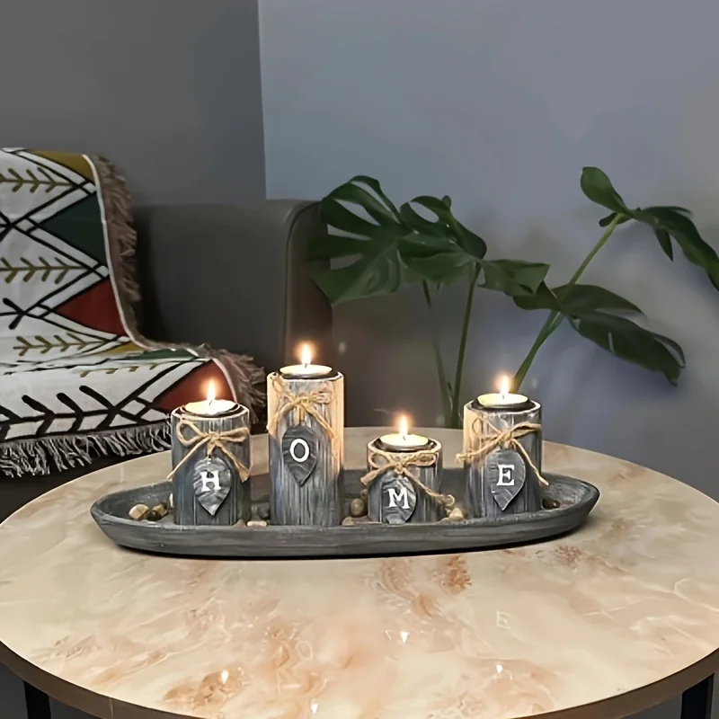 Retro Style Table Decor Candle Holder - Boho Wooden Tray with 4 Tealight Candles Holders for Tables Centerpiece Ho