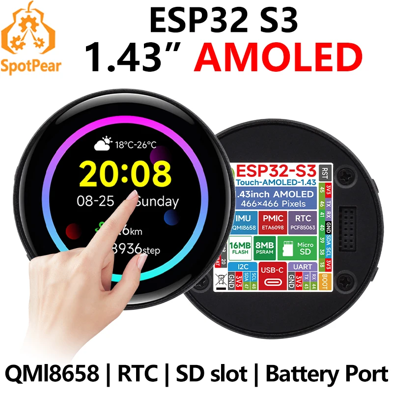 Waveshare ESP32-S3 1.43inch AMOLED Display Development Board 466&times;466 QSPI Interface Round Display