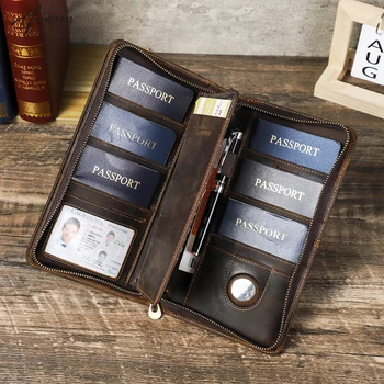 Portafoglio per passaporto familiare con slot AirTag per viaggi Pochette per soldi con porta carte di credito in vera pelle