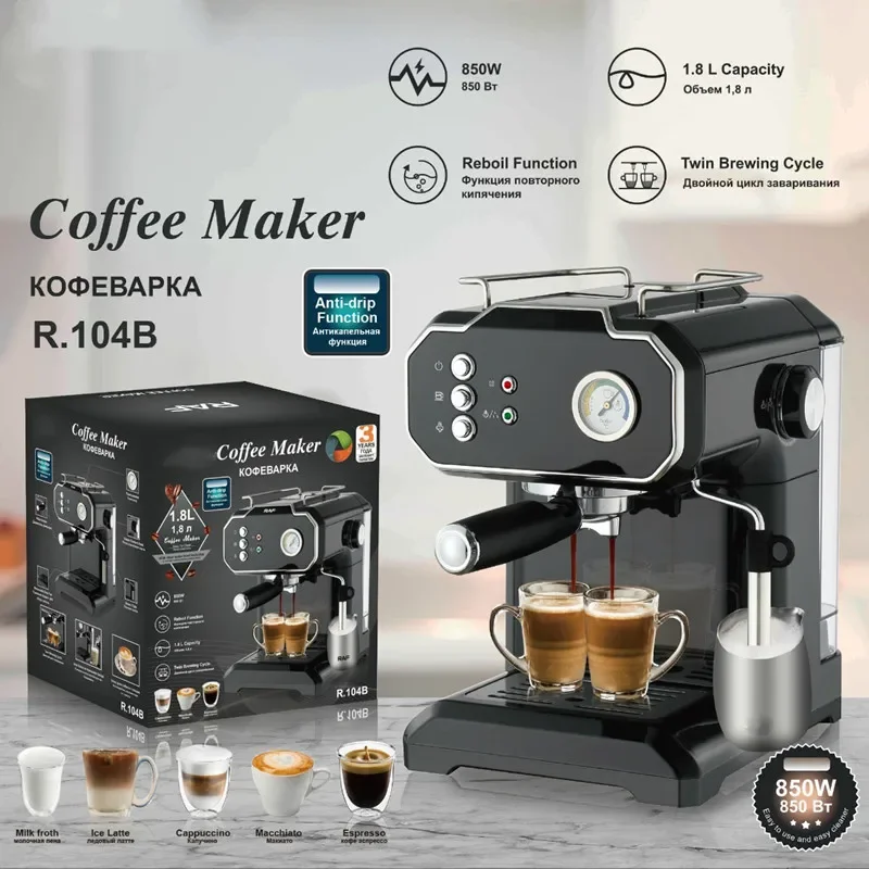 Semi-automatic High-pressure Steam Foaming Milk Household Coffee Machine Electric Stainless Steel 1.5L Black 220V English 5kg 2