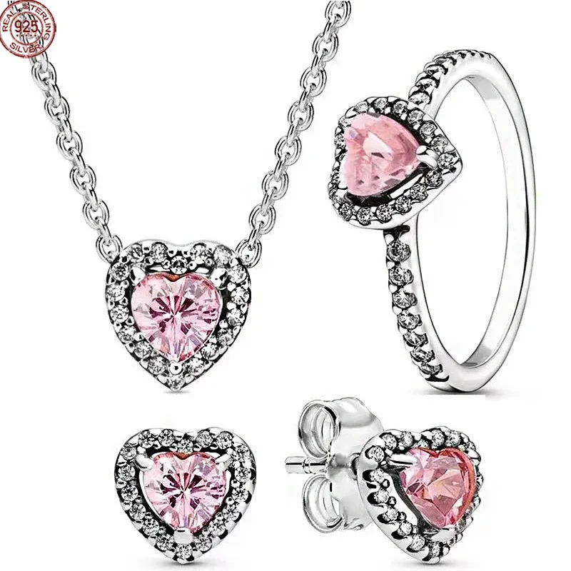 

New 925 Sterling Silver Pink Crystal Heart shaped Earrings Necklace Charm Bracelet Original Jewelry Gift for Girlfriend