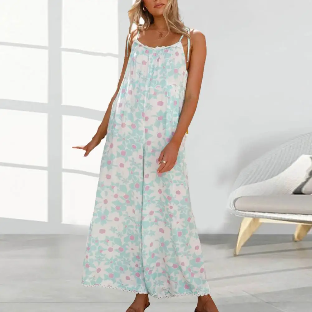 

Flower Print Jumpsuit Flower Print Lace-up Wide Leg Jumpsuit with Crotch Pockets for Women Summer Vacation Beach Strappy