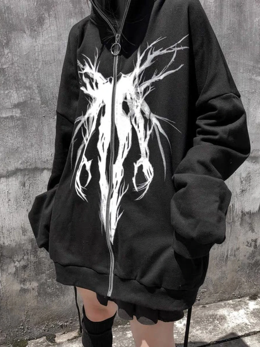 QWEEK Oversize Full Zip Graphic Hoodies Women Grunge Streetwear Black Zip Up Hooded Sweatshirts for Men Goth Hip Hop Couple Tops qweek gothic harajuku anime hoodies women goth japanese streetwear cartoon print hooded sweatshirts black tops 2022 autumn y2k