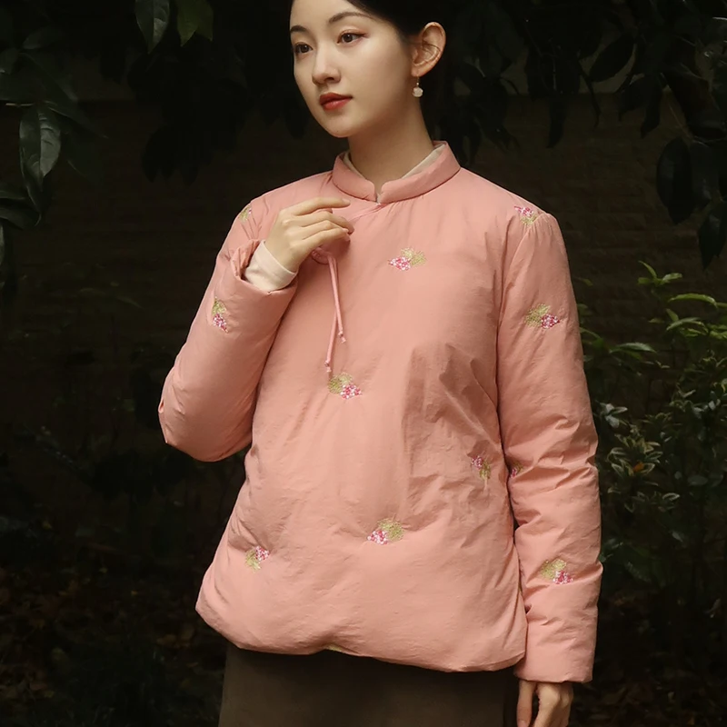 New Chinese Style Embroidery Han Elements Crossbody down Jacket Women's Short Winter Artistic Retro Thickened Cotton-Padded Coat