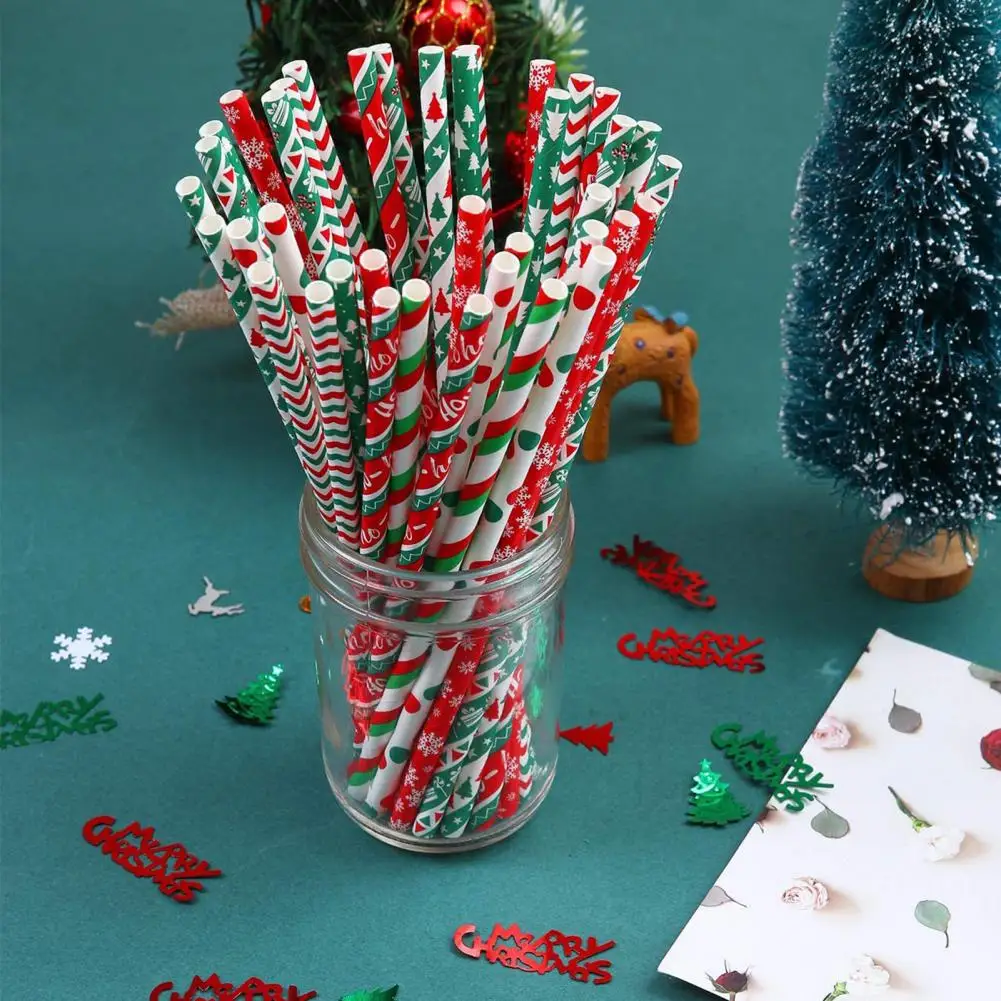 100 Pcs Paper Straws Food Grade Degradable Christmas Disposable Straws Table Decoration Snowflake Print Xmas Drinking Straw