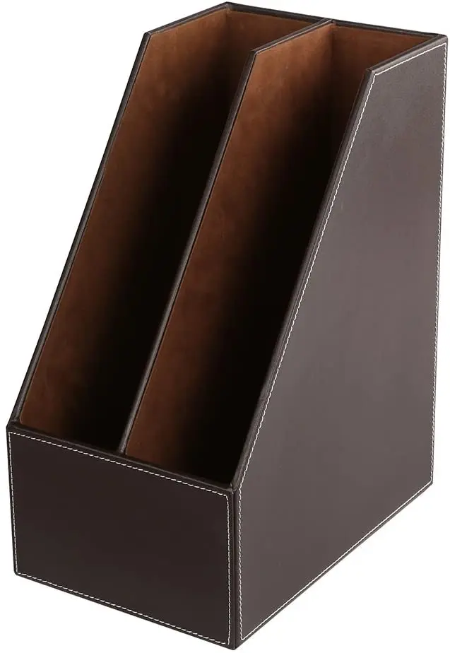 Wooden Leatherette Desktop File Folder Organizer and Document File Stand Journals Magazine Rack 2 Slots