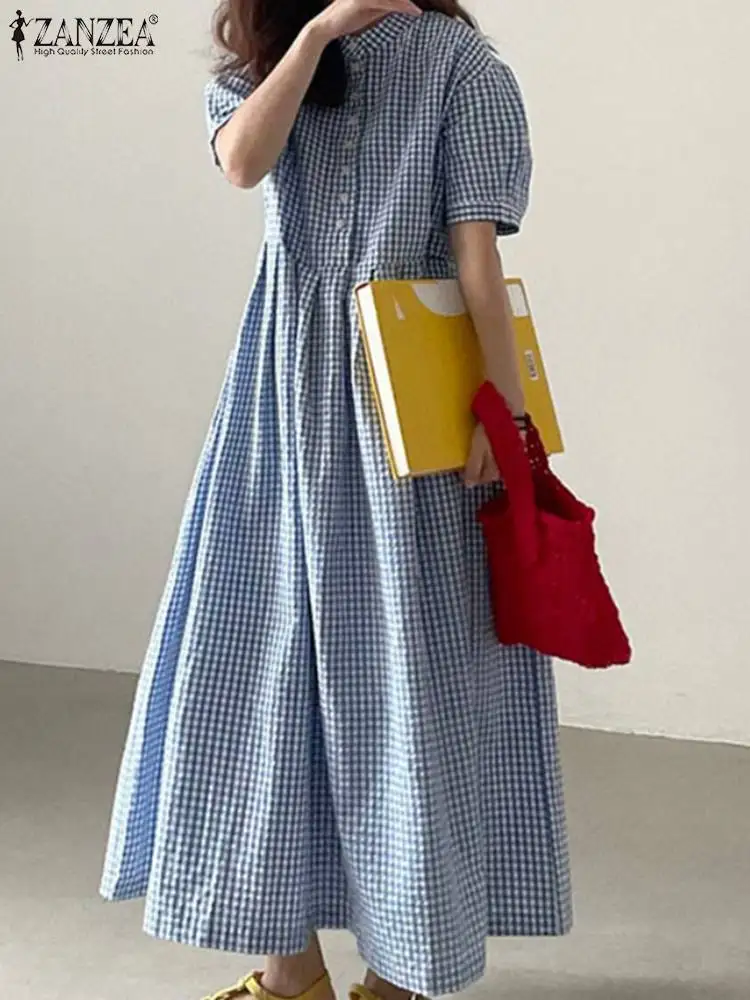 

ZANZEA 2023 Summer Women Long Dresses Fashion Stand Collar Holiday Vestidos Casual Loose Plaid Print Bohemian Maxi Robe Oversize