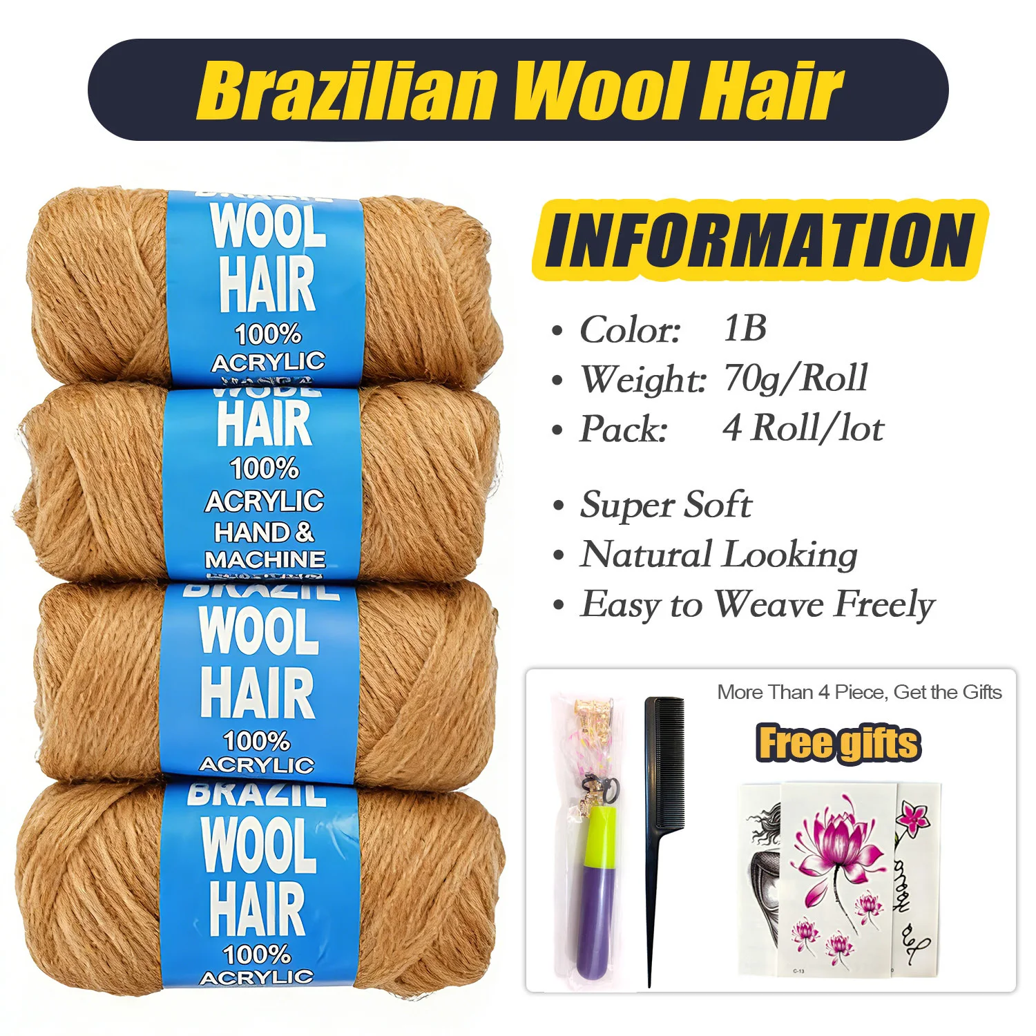 15m Long Soft African Brazilian Wool Eco-Friendly Synthetic Hair Extensions for Braiding Hair Pre stretched, Ideal for Women's 3